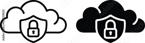 Cloud Security Icon Set – Vector Lock Shield Storage Symbol in Black and White