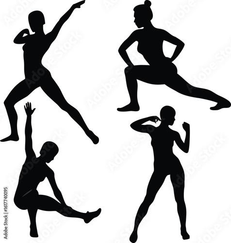 Meditative and Dynamic Gym Silhouette Collection – Vector Illustration Group Set of Women in Elegant Yoga Poses Including Meditation, Walking style, and Exercises in Minimalist background