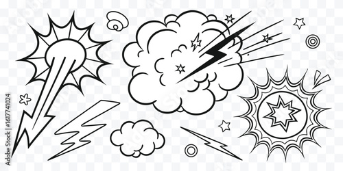 Dynamic Cartoon Comic Book Style Elements Collection Featuring Explosions Clouds and Lightning Bolts for Creative Projects