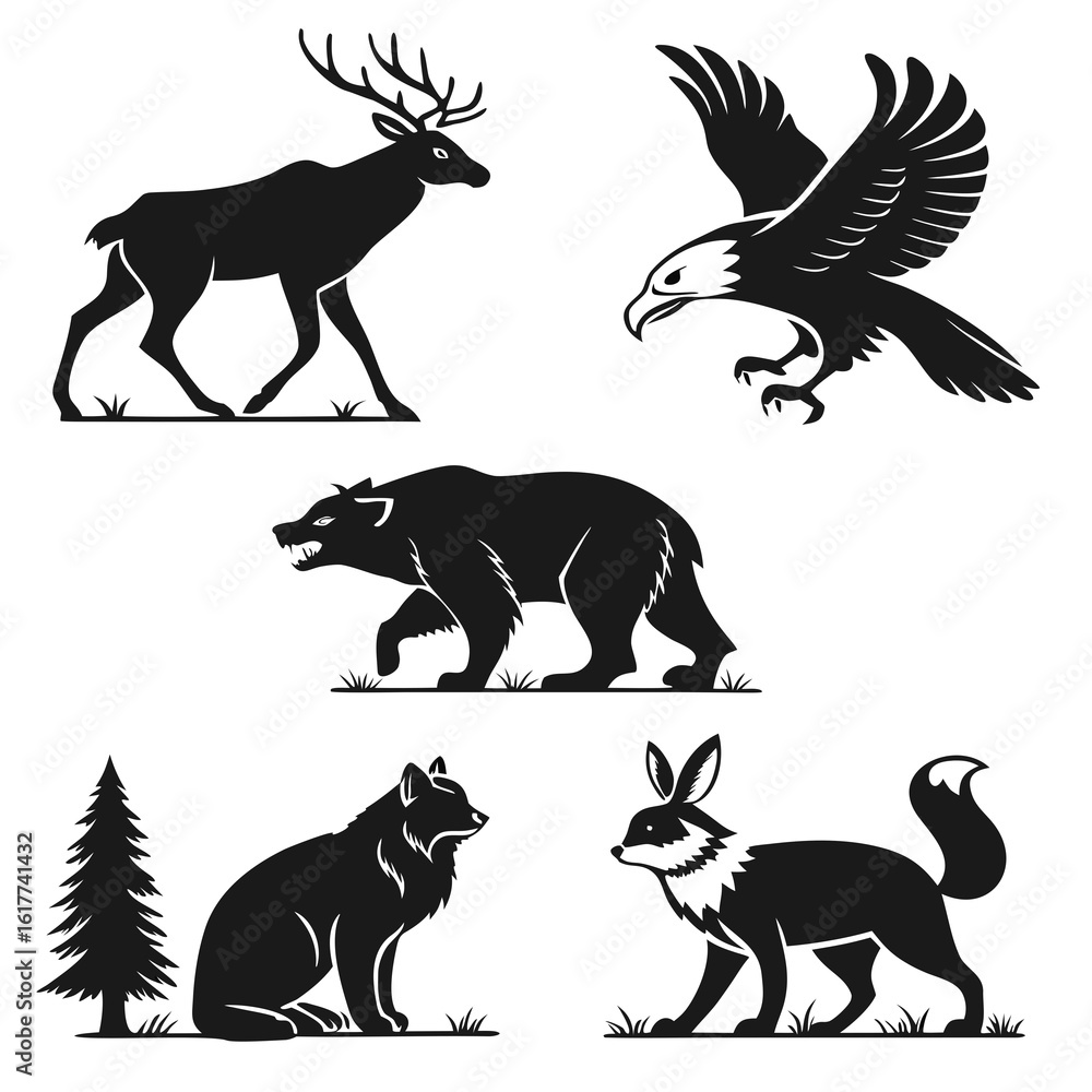Fototapeta premium Diverse Wildlife Silhouettes Deer Eagle Bear Wolf Fox.