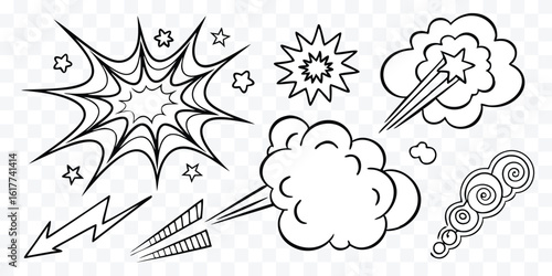 Comic Book Style Explosion Effects Set with Clouds Stars and Arrows for Design and Illustration Projects