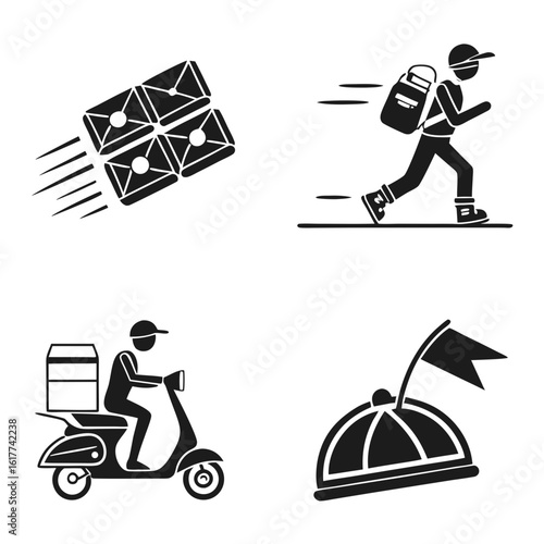 Fast Delivery Service Icons Mail Courier Scooter Flag.