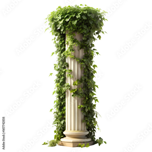 Classical Column Embraced by Lush Greenery A Study in Architectural and Natural Harmony