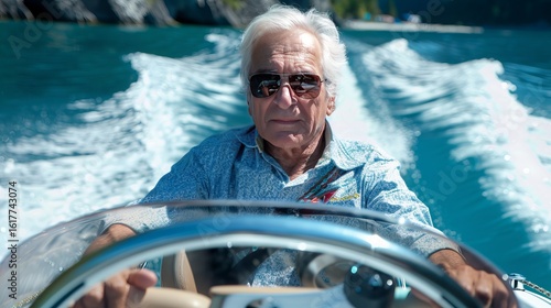 An older man is enjoying the thrill of driving a speedy motorboat.