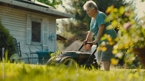 An older woman is using a lawnmower to cut the grass in her backyard.