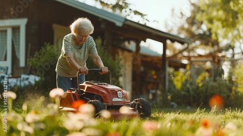 An older woman is using a lawnmower to cut the grass in her backyard.