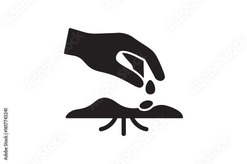 Hand planting seed silhouette vector art illustration on white background