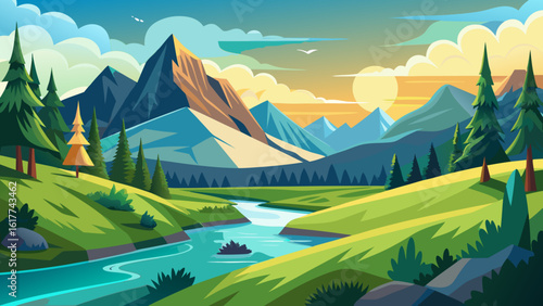 Vector art of a stylized illustration presents a tranquil river winding through a vibrant green landscape, with dramatic mountains and a golden sun dominating the horizon
