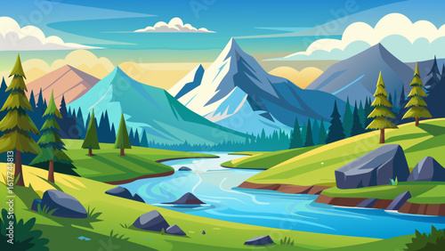 Vector art of an idyllic cartoon scene captures a tranquil river flowing through a vibrant green landscape towards majestic, snowdusted mountains on a clear day