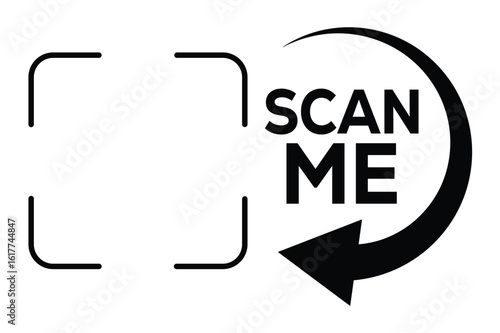 Black-and-white minimalist design: "SCAN ME" in bold text within a curved right-pointing arrow, surrounded by rectangular camera viewfinder frames. Clean, high-contrast graphic for digital marketing,	