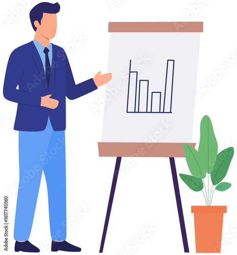 Business Presentation Illustration – Faceless Man in Flat Design Giving Presentation, Office Worker with Chart, Corporate Pitch, Public Speaking, Vector Business Meeting or Seminar Concept