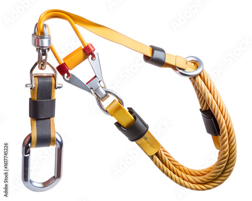 Yellow safety harness lanyard with carabiner isolated on transparent background