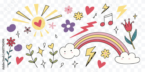 Cute and Colorful Doodle Style Elements Featuring Rainbow Sun Flowers Hearts and Lightning Bolts for Creative Designs