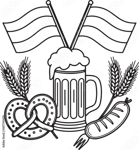 Oktoberfest Icon Set Beer, Pretzel, Sausage, Flags & Barley Line Art
