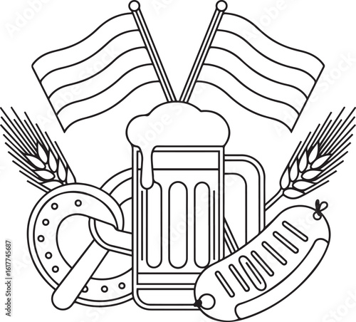 Oktoberfest Icon Set Beer, Pretzel, Sausage, Flags & Barley Line Art
