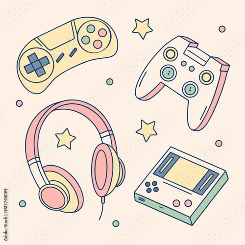 Retro Gaming Accessories Collection Illustration.
