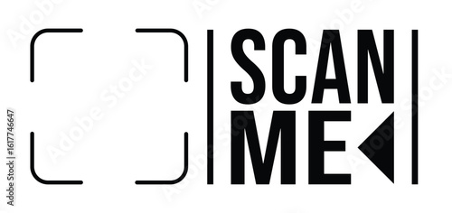 Black-and-white minimalist design: "SCAN ME" in bold text within a curved right-pointing arrow, surrounded by rectangular camera viewfinder frames. Clean, high-contrast graphic for digital marketing,	