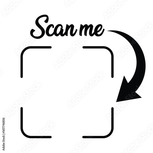 Black-and-white minimalist design: "SCAN ME" in bold text within a curved right-pointing arrow, surrounded by rectangular camera viewfinder frames. Clean, high-contrast graphic for digital marketing,	