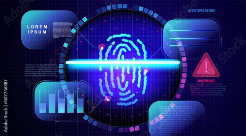 Fingerprint ai scan for identity in technology style. HUD interface with biometric finger id. Icon fingerprint scanning illustration. Identification for access and security.