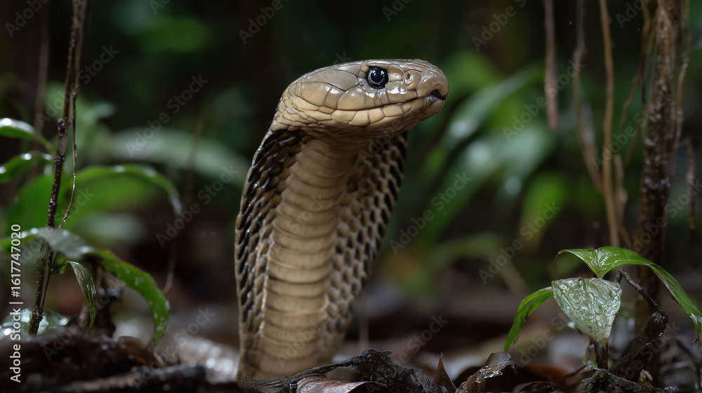 Fototapeta premium King cobra with flared hood in rainforest