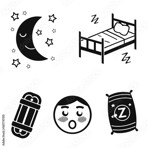 Sleep Icons Moon Bed Pillow and Sleepy Face.