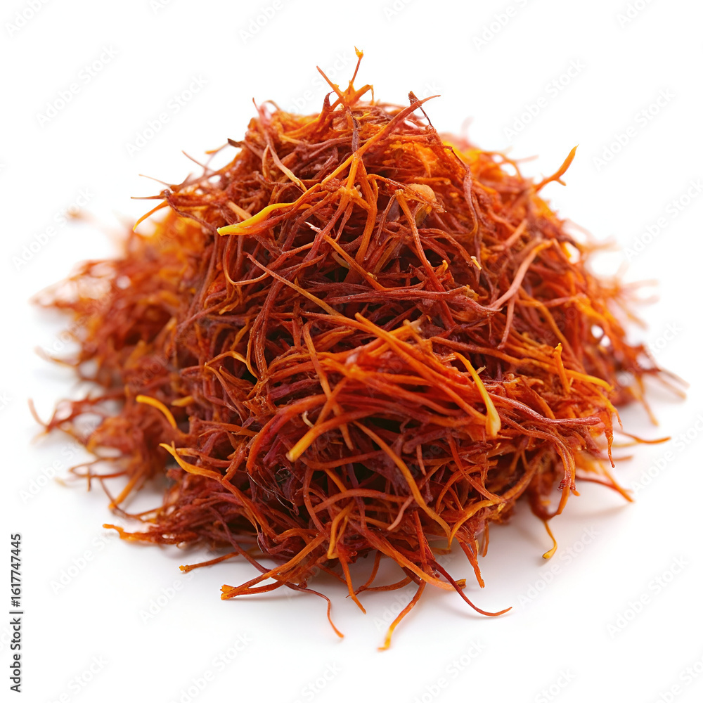 Fototapeta premium A pile of dried red and orange saffron threads, a precious spice used for flavoring and coloring, isolated on white