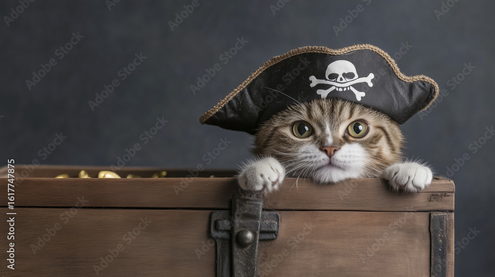Fototapeta premium Playful cat dressed as pirate, wearing hat with skull and crossbones, peeks out from treasure chest filled with gold coins. This charming scene captures adventurous spirit of feline pirate