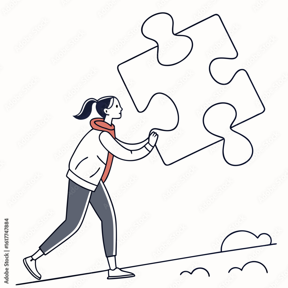 Fototapeta premium Girl Holding Puzzle Piece – Symbol of Problem Solving, Learning, Autism Awareness, Teamwork, and Cognitive Development; Educational and Inspirational Illustration for Growth, Connection, and Understan