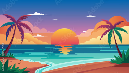 Vector art of a picturesque tropical beach at sunset with palm trees and colorful clouds reflecting on the calm sea