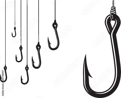 Fishing hooks hanging on lines sharp metal, fishing, hook, sharp, metal, bait, tackle, fishing gear, angling, sport, recreation, outdoors, water, catch, lure, line, sharp point, curved, loop, black an
