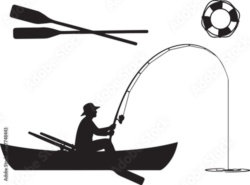 Fisherman in boat with fishing rod and oars reel, fishing, boat, fisherman, rod, reel, oars, lifebuoy, water, activity, sport, outdoor, recreation, silhouette, black and white, vector, illustration
