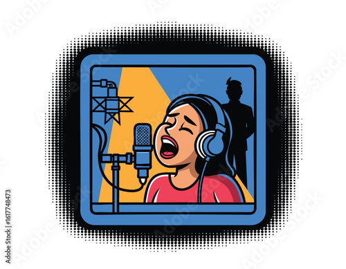 Retro Cartoon Singer in Recording Studio