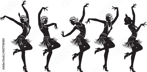 Flapper dancers in silhouette art deco dancing, flapper dancers, silhouette, art deco, dancing, vintage, black and white, fringe, headbands, high heels, performance, jazz age, retro, elegance, movemen