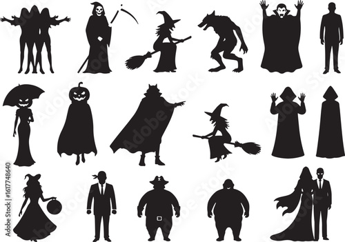 Halloween figures silhouettes characters spooky, halloween, silhouettes, figures, characters, spooky, scary, witch, vampire, grim reaper, werewolf, pumpkin, ghost, couple, man, woman, costume, black, 