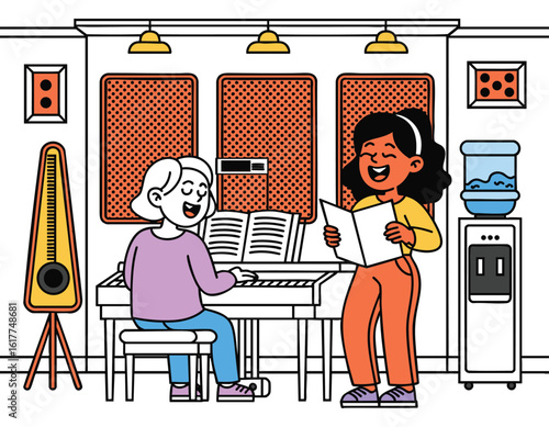 Two Women Musicians Rehearsing in a Recording Studio - Pixel Art Illustration
