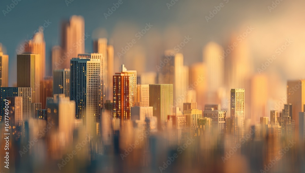 Fototapeta premium Sunlit cityscape, shallow depth of field, warm tones