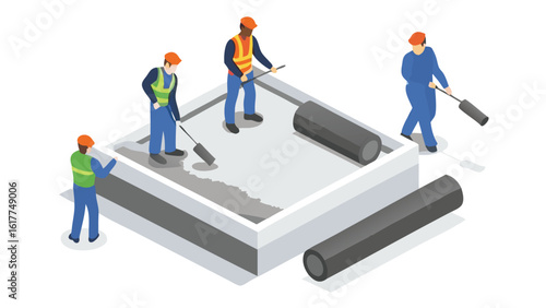 Isometric view of construction workers smoothing concrete on a rooftop with rollers and safety gear