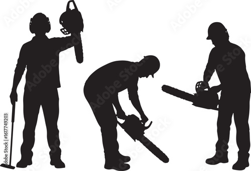 Silhouettes of men with chainsaws and tool cutting, silhouette, men, chainsaws, tool, cutting, logging, construction, workers, outdoor, action, black and white, vector, illustration, people, equipment