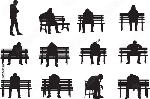 Silhouettes of people sitting and standing bench, silhouette, people, standing, sitting, bench, park, isolation, contemplation, sadness, sleep, exhaustion, despair, loneliness, waiting, black, white, 