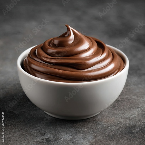 Creamy chocolate spread in bowl, dark background, dessert recipe, food photography
