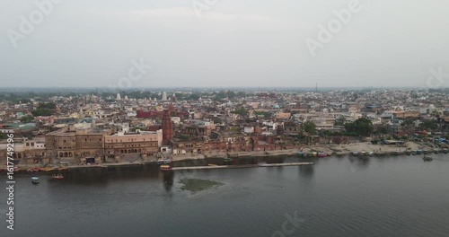 Wallpaper Mural Drone Footage of Shri Krishna Temple and Vrindavan City on Yamuna River and Ghats Torontodigital.ca