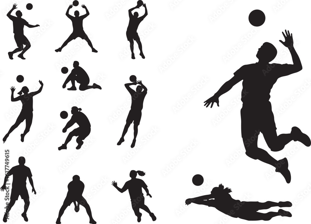 custom made wallpaper toronto digitalVolleyball players in action silhouettes sport, volleyball, players, silhouettes, action, sport, athletic, jumping, serving, spiking, digging, blocking, team, game, black, white, dynamic, movement, en