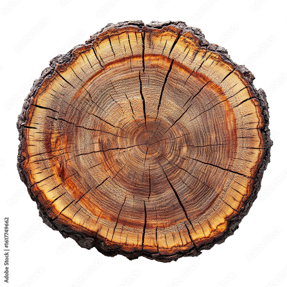 Obraz premium Wooden log cross section with visible tree rings isolated on transparent background