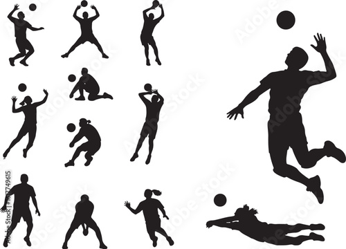 Volleyball players in action silhouettes sport, volleyball, players, silhouettes, action, sport, athletic, jumping, serving, spiking, digging, blocking, team, game, black, white, dynamic, movement, en