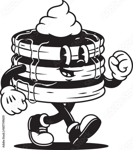Walking pancake character with whipped cream and syrup, pancake, breakfast, food, character, cartoon, walking, syrup, whipped cream, retro, vintage, black and white, illustration, fun, happy, cheerful