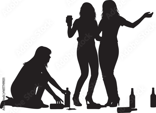 Women drinking and dancing with spilled bottles party, women, drinking, dancing, party, celebration, bottles, spilled, black silhouette, white background, social gathering, nightlife, fun, recreation,
