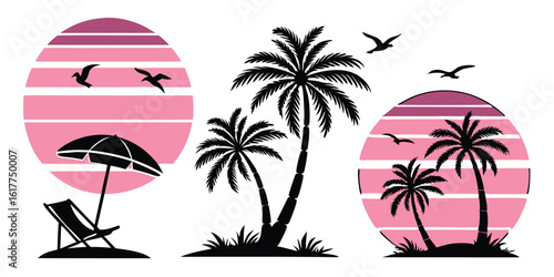 Tropical Paradise Graphic with Palm Trees Retro Sunset and Beach Elements Vacation Concept for Summer Designs