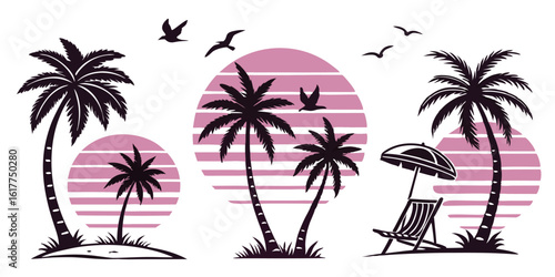 Tropical Paradise Silhouette Scene with Palm Trees Birds Beach Chair and Striped Sunset Background Graphic Design Vector Illustration