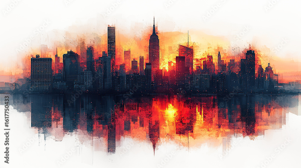 Obraz premium Illustration of a city skyline at sunset, featuring iconic architecture and towering skyscrapers reflected in a tranquil river below, isolated on transparent background. PNG