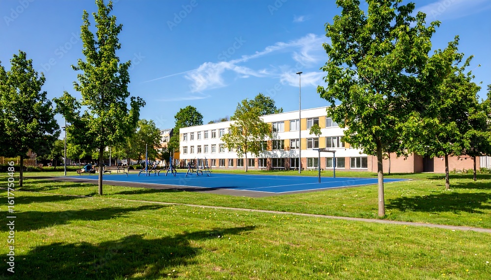 Fototapeta premium Schoolyard with a blue court and buildings